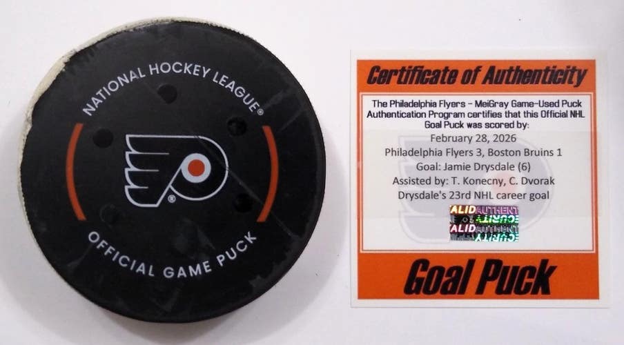 2-28-26 JAMIE DRYSDALE Philadelphia Flyers vs Bruins NHL Game Used GWG GOAL Puck