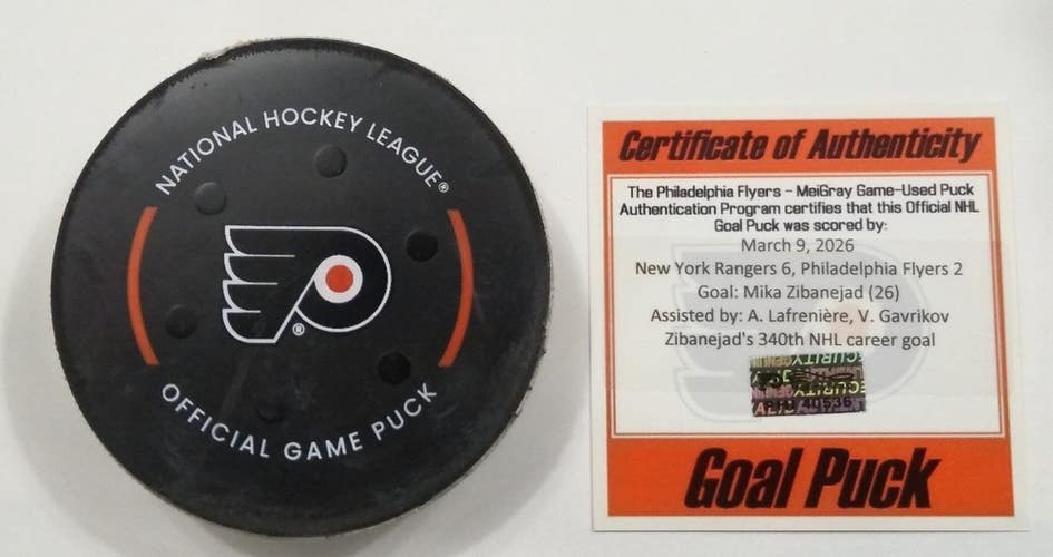 3-9-26 MIKA ZIBANEJAD New York Rangers @ Philadelphia NHL Game Used GOAL Puck