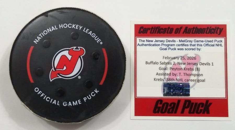 2-25-26 PEYTON KREBS Buffalo Sabres @ New Jersey Devils Game Used GWG GOAL Puck
