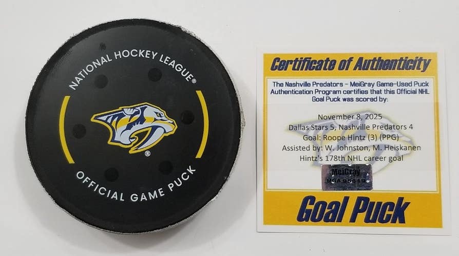 11-8-25 ROOPE HINTZ Dallas Stars @ Nashville Predators NHL Game Used GOAL Puck
