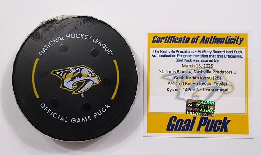 3-18-25 JORDAN KYROU St. Louis Blues @ Nashville Predators Game Used GOAL Puck