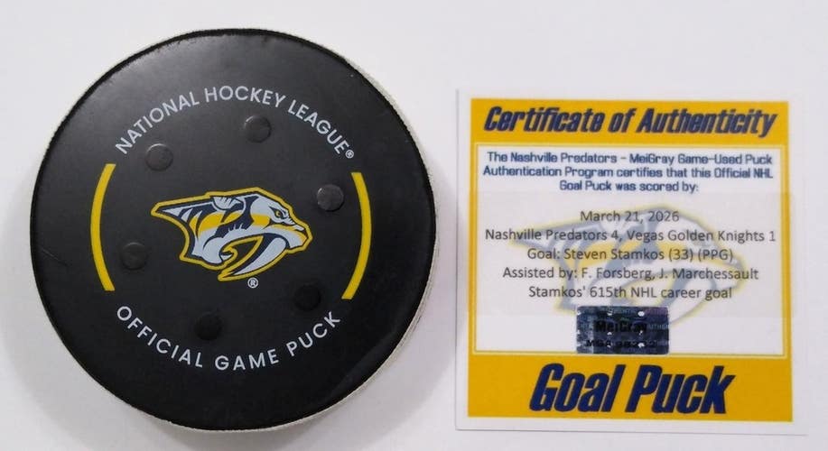 3-21-26 STEVEN STAMKOS Nashville Predators vs Vegas NHL Game Used GWG GOAL Puck