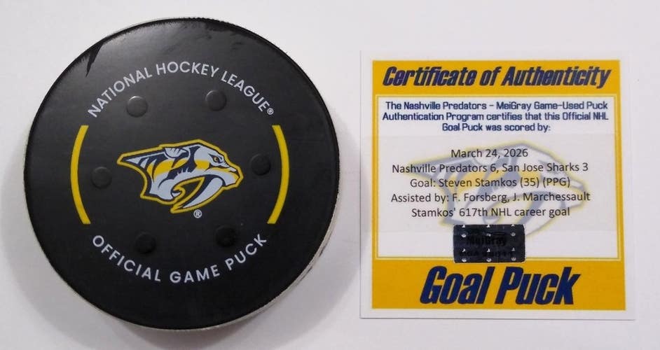 3-24-26 STEVEN STAMKOS Nashville Predators vs Sharks NHL Game Used GOAL Puck