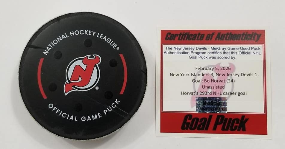 2-5-26 BO HORVAT New York Islanders at NJ Devils NHL Game Used GWG GOAL Puck