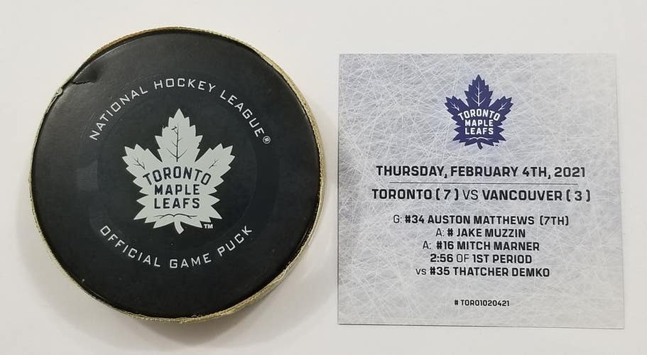 2-4-21 AUSTON MATTHEWS Toronto Maple Leafs vs Vancouver NHL Game Used GOAL Puck
