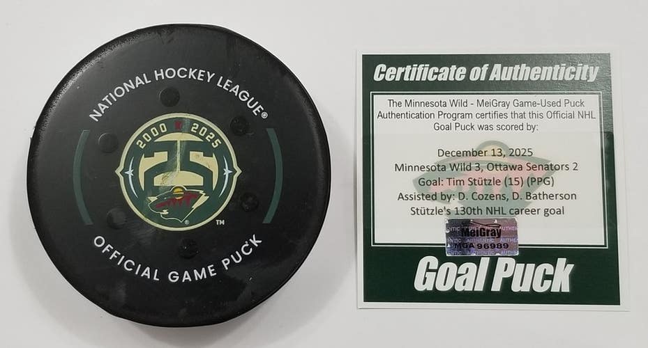 12-13-25 TIM STUTZLE Ottawa Senators at Minnesota Wild NHL Game Used GOAL Puck