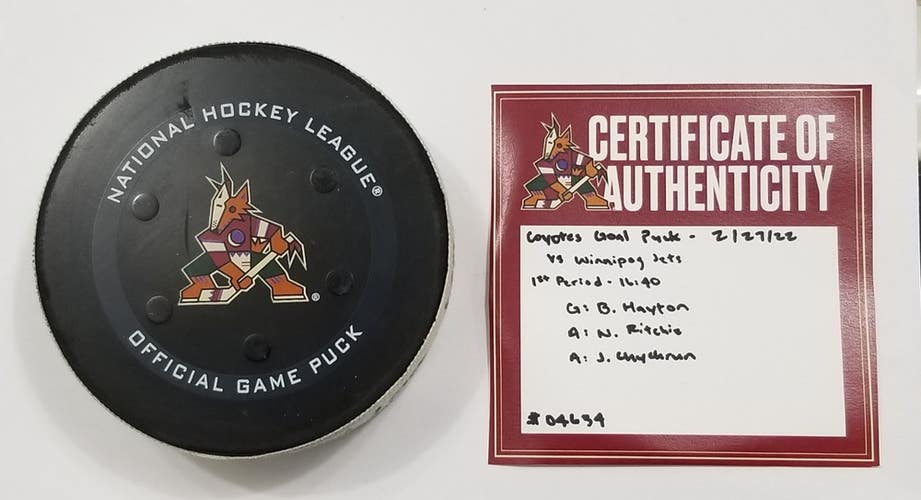2-27-22 BARRETT HAYTON Arizona Coyotes vs Winnpeg Jets Game Used GOAL Puck