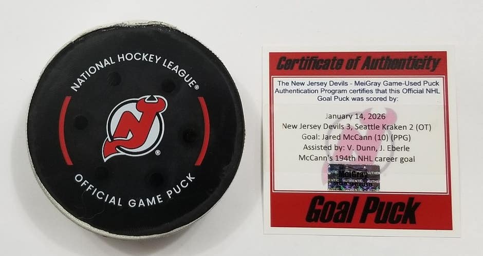 1-14-26 JARED McCANN Seattle Kraken at New Jersey Devils NHL Game Used GOAL Puck