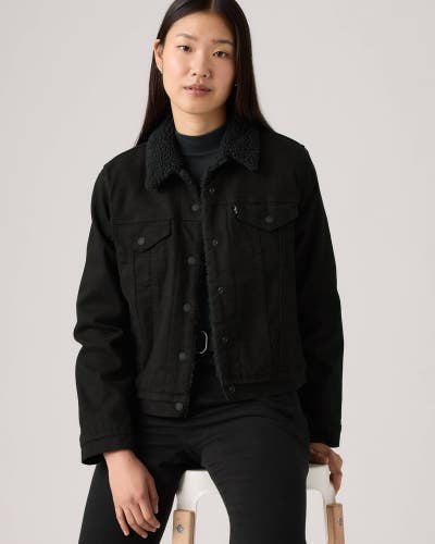 Levis Trucker Jacket Women XL Black Sherpa Cotton Snap Front Long Sleeve KFC933