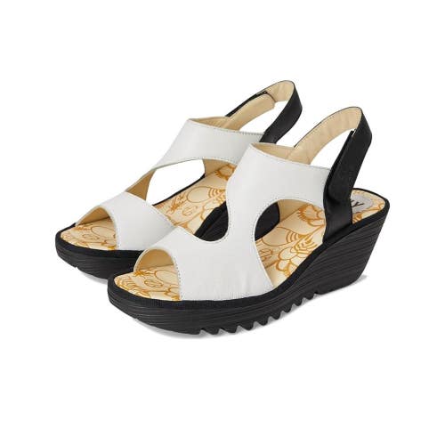 Fly London YOXA576FLY Sandals Womens 6.5-7M White Black Slingback Wedge ZOGG2969