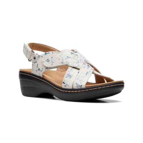 Clarks Merliah Echo Sandal Women 9M Blue Floral Leather Wedge Slingback ZOGG2773