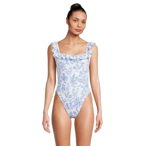 Lilly Pulitzer Aemma Ruffle One-Piece Swimsuit Women's 4 White Floral GBO2691