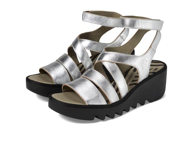 Fly London BAFY485FLY Sandals Women's EU 37 Silver Leather Wedge Heel HTAT1642