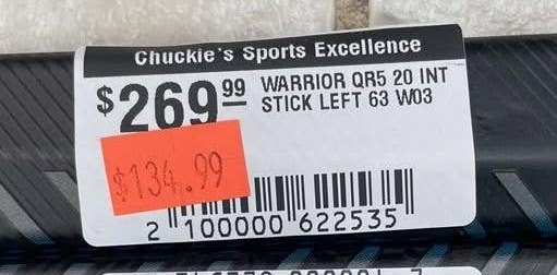 50% OFF! NEW Warrior Covert QR5 20 Hockey Stick - LH Intermediate 63 Flex