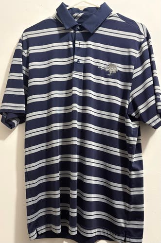 Share Under Armour Golf Polo Medium Heat Gear Loose Fit - Blue Grey Striped W/ Logo (Used)