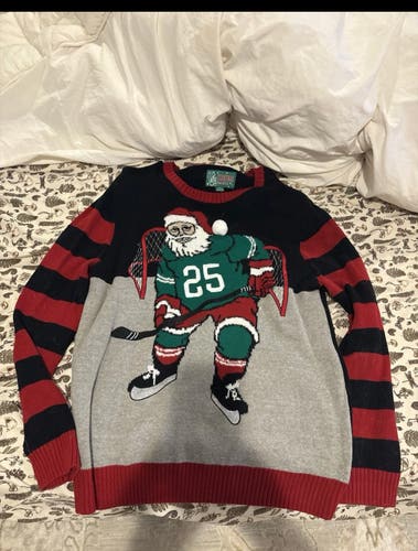 Adult Ugly Christmas Sweater Brand Santa Hockey Size XL