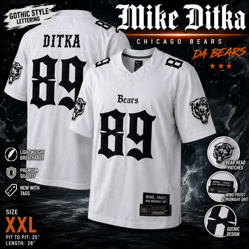 Mike Ditka Chicago Bears Gothic White #89 XXL Bear Head Patch Football Jersey NWT