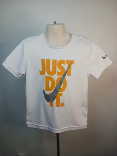 Child's Shirt by Nike Dri-Fit Size Small (6-7 yrs.) White Orange Letters (Used)