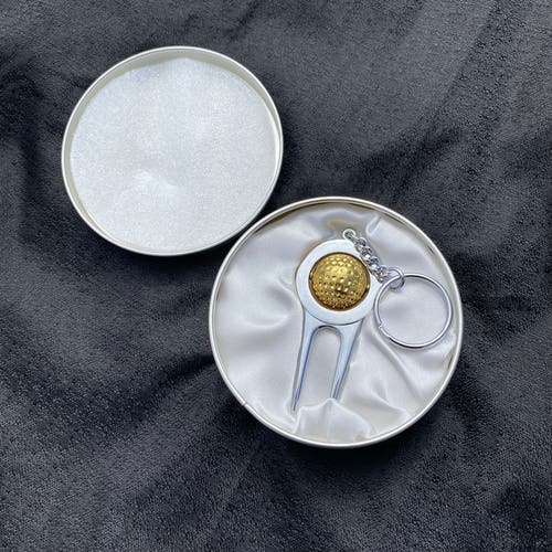 New Rotating Gold Golf Ball Golf Turf Fork / Divot Tool Keychain