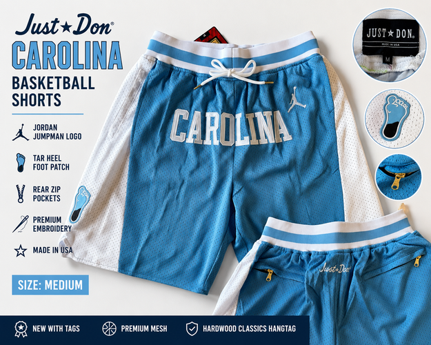Just Don Carolina UNC Basketball Shorts Jordan Jumpman Blue White Size Medium NWT