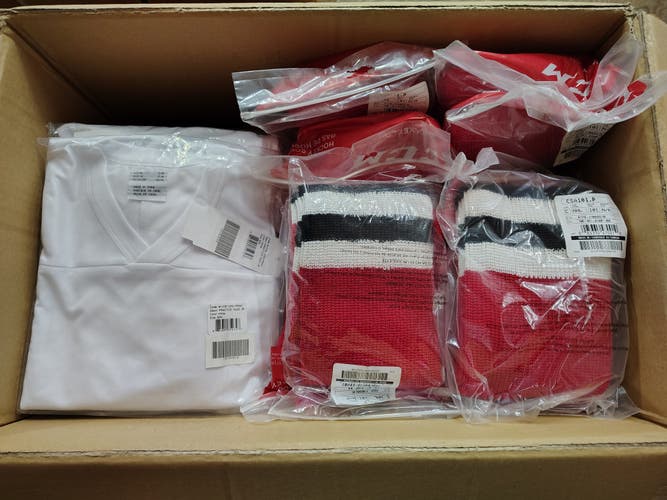 12 SETS of CCM Junior S/M White Ice Hockey Jerseys and CCM 20" Chicago Red Ice Hockey Socks