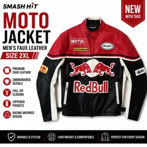 Smash Hit Men's Faux Leather Moto Biker Racing Jacket Black Red White 2XL NWT