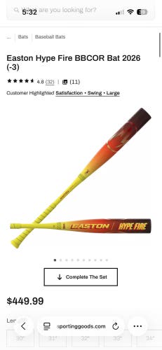 2026 Easton Hype Fire Composite BBCOR Certified Bat (-3) 29 oz 32" (Used)