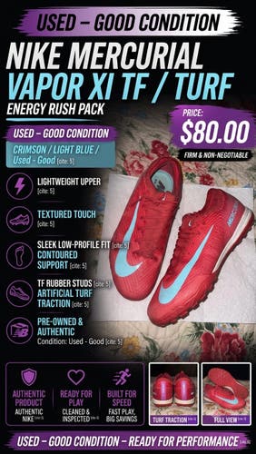 Red Unisex Size M 9.0 (W 10.0) Nike Mercurial Vapor Turf Cleats Cleats (Used)