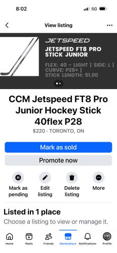 Junior CCM JetSpeed FT8 Pro Left Hand Hockey Stick P28 40 Flex (New)