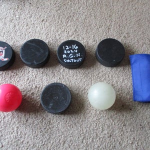 4 Ice Hockey Pucks - 2 Street Hockey Balls - 1 Street Puck - 1 Stick Weight