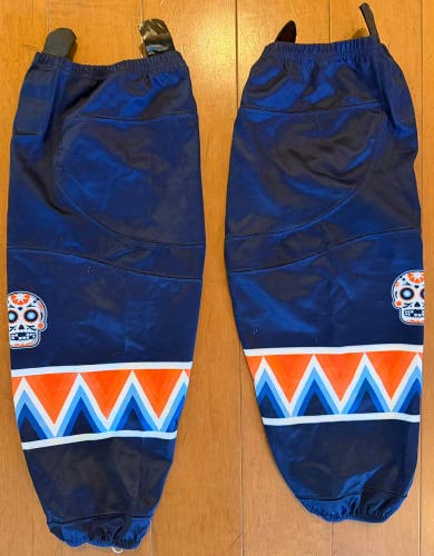 ⁠Custom Sugar Skull Hockey Socks Navy Orange Blue Geometric Mesh Size Large L Pair (Used)