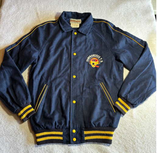 Vintage Michael Barrie San Francisco FB Wool Varsity Jacket Navy Blue Gold Small