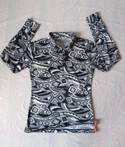 Puma Golf Polo Shirt Long Sleeve Geometric Swirl Print Gray Black Women's Slim S