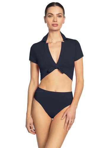 Robin Piccone Ava T-Shirt Bikini Top Women's M Navy Tie Front Swimwear GBO2753