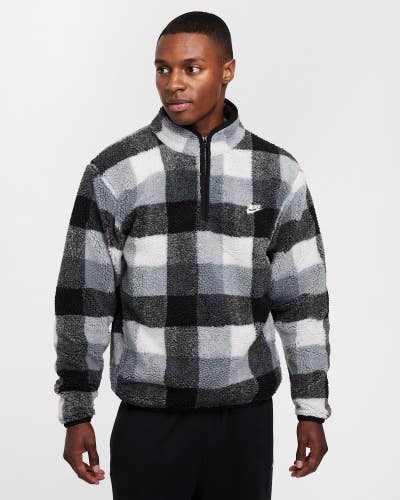 Nike Club Sweatshirt Mens M Black White Plaid Fleece Winterized 1/2 Zip UPS1378
