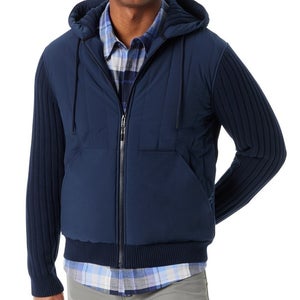 Bass Outdoor Mixed Media Quilted Jacket Men XL Navy Blue Hooded Full Zip FTS1674
