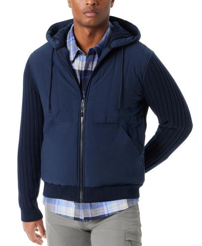 Bass Outdoor Mixed Media Quilted Jacket Men XL Navy Blue Hooded Full Zip FTS1674