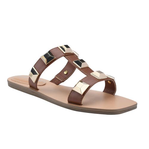 Marc Fisher Bonis Slide Womens 6.5 Beige Pyramid Stud Slip On Sandal ZOGG3373
