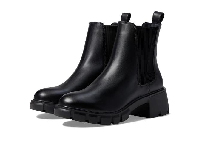 Steve Madden Hello Boots Women's Black Round Toe Lug Sole Ankle Chelsea HTAT1365