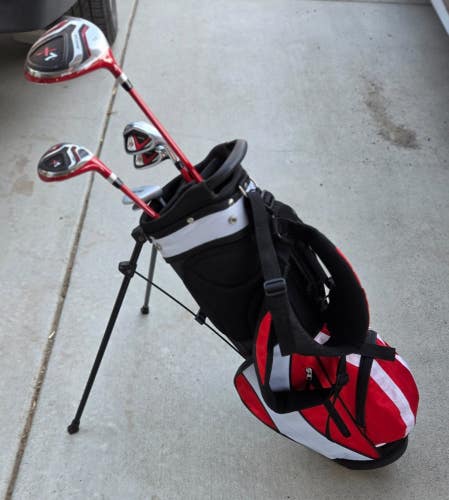 NEW SET PRECISE X7 YOUTH GOLF SET W STAND BAG 2 WOODS 2 IRONS & PUTTER BRITE RED