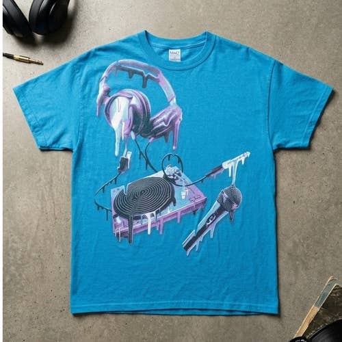 DJ Turntable Headphones Melting Graphic T-Shirt XL Blue Heavyweight Music Y2K