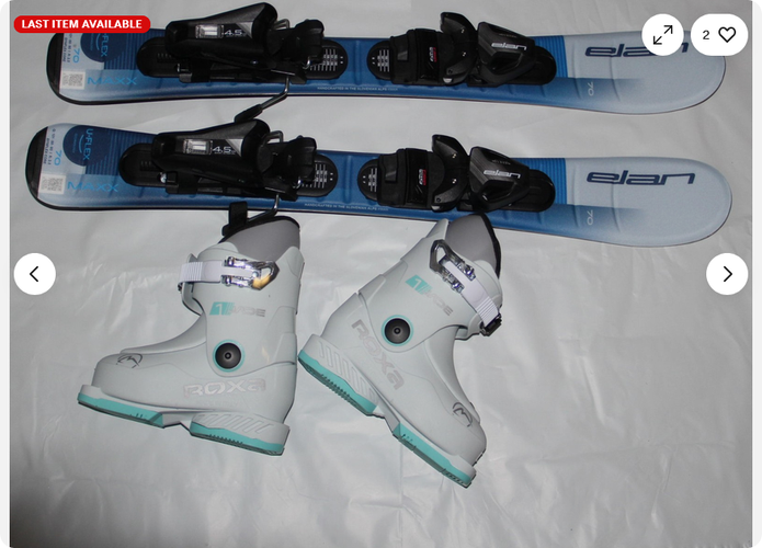 NEW Elan Maxx Kids Skis 70cm Uflex Adjustable 4.5 GW Bindings +14.5 jade boots