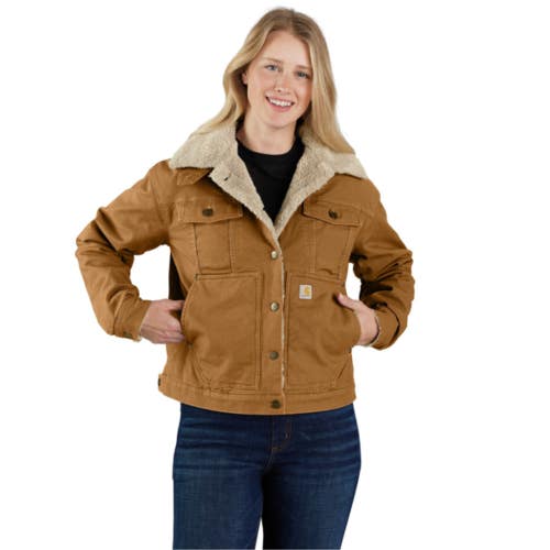 Carhartt Rugged Flex Jacket Women XL Brown Canvas Sherpa Lined Loose Fit KFC1125