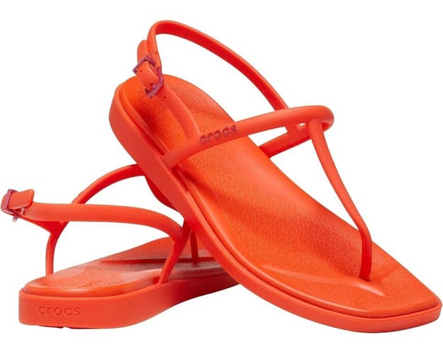 Crocs Miami 209793-84J Sandal Women 7 M Lava Square Toe Thong Flip Flop Hawk2837