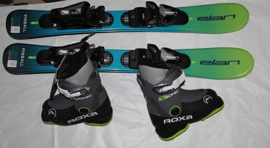 NEW 2027 ELAN pinball 70cm kids skis with bindings +Roxa ski boots 15.5 /US 7