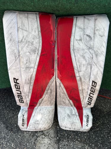 White & Red Bauer GSX (2023 Model) Goalie Leg Pads (Used) | Junior Medium (28+)
