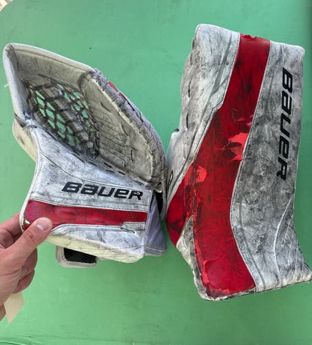White & Red Junior Bauer GSX Goalie Glove & Blocker Set Regular (Used)