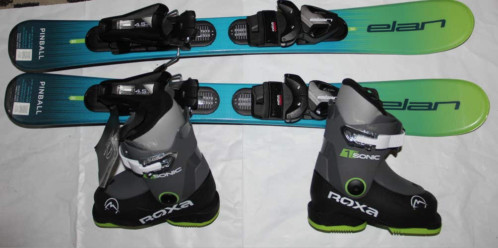 NEW 2027 ELAN pinball 80cm kids skis bindings + Roxa Sonic ski boots 14.5/US 6