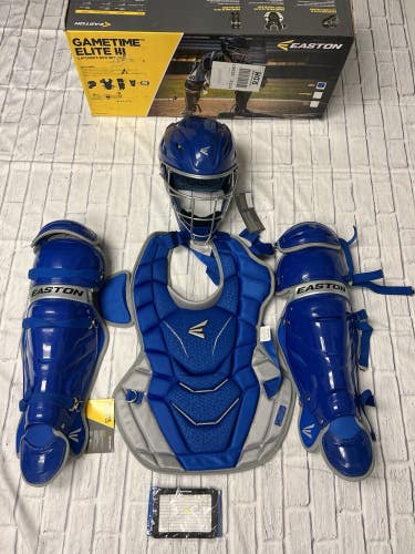 Easton Gametime Elite III Adult +15 Catcher Gear Set 3pc Royal / Silver NEW #C17