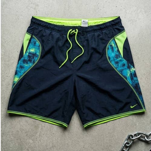 Nike Mens L Swim Trunks Boardshorts Navy Blue Neon Volt Green Geometric